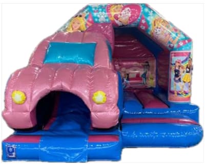 Barbie Dream Car Bounce N Slide Castle, a bounce and slide combo for hire from Playdays Parties