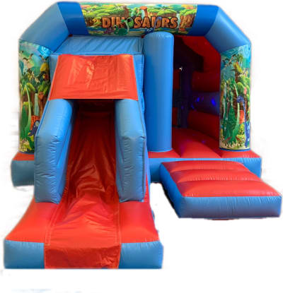 Dino Disco Slide Combo Red & Blue, a bounce and slide combo for hire from Epic Inflatables & Soft Play Hire