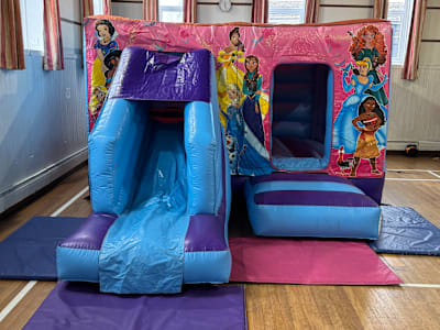 Princess theme (Low height Combi slide Castle ), a bounce and slide combo for hire from Bounce N Fun