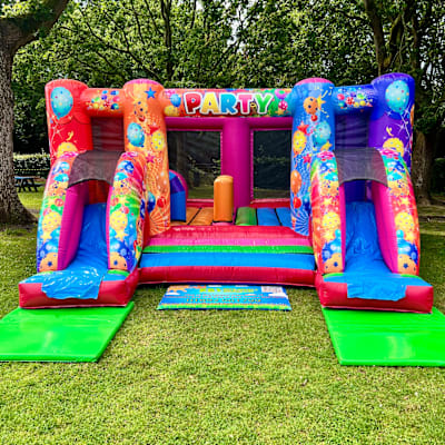 Multi-Coloured Party Activity Twin Slide, a inflatable slide for hire from KBS Inflatable Kingdom