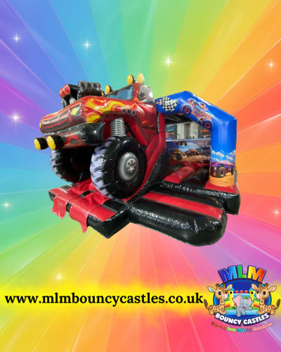15ft x 15ft Monster Truck 3D Twin Slide Bouncy Castle, a bounce and slide combo for hire from MLM Bouncy Castles