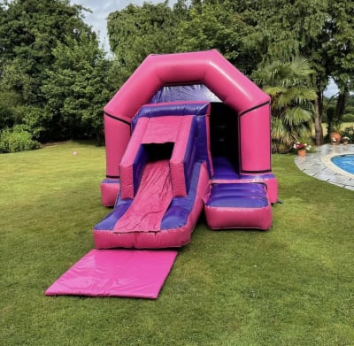 Glossy Pink & Purple Bouncy Castle & Slide Combo (17x12ft), a bounce and slide combo for hire from The Bounce Generation