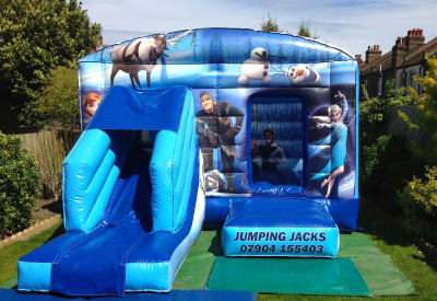 Frozen Castle With Slide, a bounce and slide combo for hire from Jumping Jacks Bouncy Castles