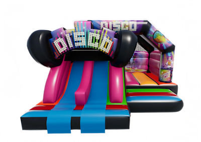 15x15ft Disco Twin Front Slide Combi, a bounce and slide combo for hire from Bouncing Happy