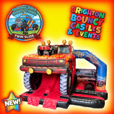 Monster truck bouncy castle twin slide, a bounce and slide combo for hire from Brighton Bouncy Castles