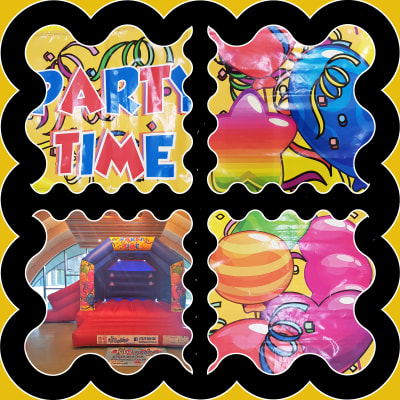 (BC-6) "Party Time" Red & Blue Themed Bouncy Castle (Slide), a bounce and slide combo for hire from KiDz Parties LLP