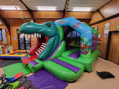 3D Dino Bouncy Castle With Slide, a bounce and slide combo for hire from Kendall's Castles