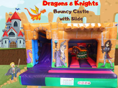 Dragons & Knights Bouncy Castle with Slide 16x12ft, a bounce and slide combo for hire from Have A Bounce