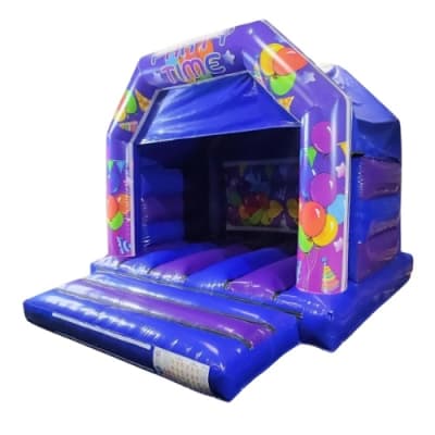 12 ft x 15ft Blue/Purple 'Party Time' Disco Ready Castle (Professional Lights and Bluetooth Speaker Included), a bouncy castle for hire from Bouncy Castle Boys