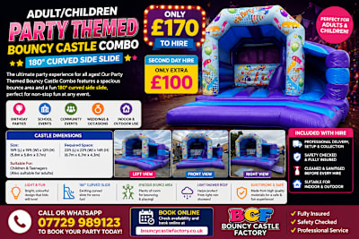 19ft x 19ft Adult/Children Party Themed Bouncy Castle with a Slide, a bounce and slide combo for hire from Bouncy Castle Factory
