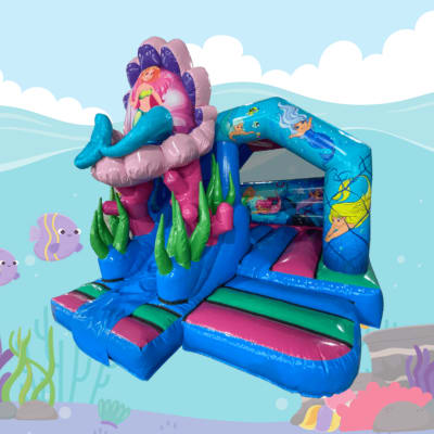 3D Mermaid Slide Castle, a bounce and slide combo for hire from Bouncy Boss