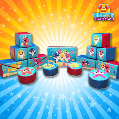 Baby Shark Soft Play Shapes, a soft play set for hire from Tilley's Bouncy Castles and Soft Play Hire
