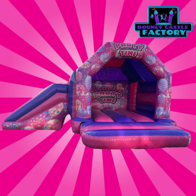 15ft x 18ft Pink Party Time Bouncy Castle Slide, a bounce and slide combo for hire from Bouncy Castle Factory