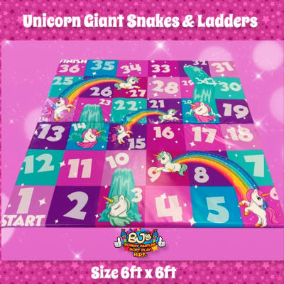 Snakes & Ladders Unicorns Giant Game, a inflatable game for hire from BJ's Bouncy Castles & Soft Play Hire