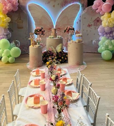 Children’s Table & Chiavari Chair Bundle, a party package for hire from Bouncy Mania