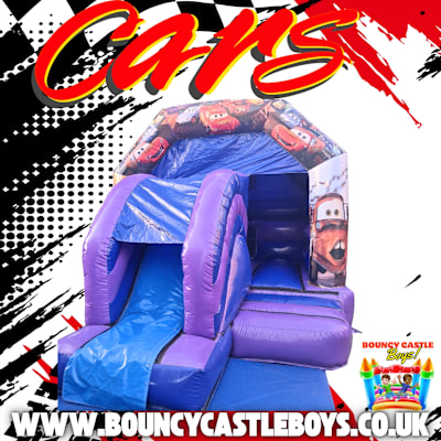 12ft x 18ft Cars character slide bouncy castle, a bounce and slide combo for hire from Bouncy Castle Boys