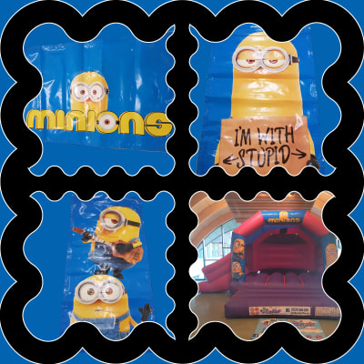 (BC-5) "Minions" Pink & Purple Themed Bouncy Castle (Slide), a bounce and slide combo for hire from KiDz Parties LLP