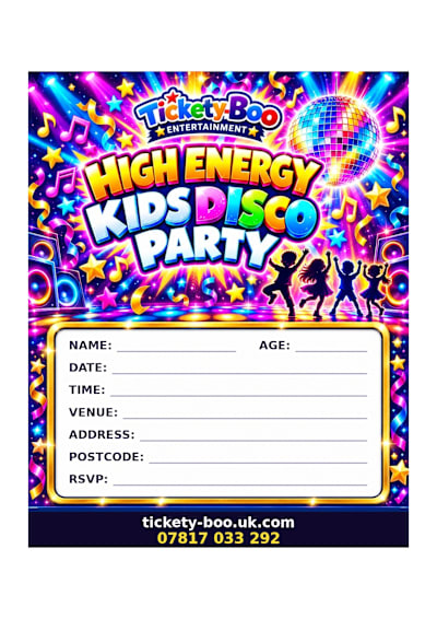 High Energy Kids Disco printable party invitation