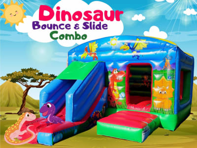 Dinosaur Bouncy Castle with Slide 18x12ft, a bounce and slide combo for hire from Have A Bounce