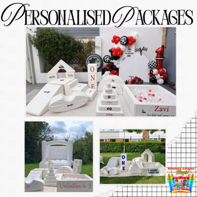 Personalised white softplay and bouncy castle, a bouncy castle for hire from Bouncy Castle Boys