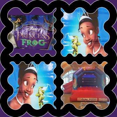 (BC-8) "Princess and the Frog" Red & Blue Themed Bouncy Castle (Slide), a bounce and slide combo for hire from KiDz Parties LLP