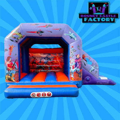 15ft x 18ft Superhero Bouncy Castle With A Slide, a bounce and slide combo for hire from Bouncy Castle Factory