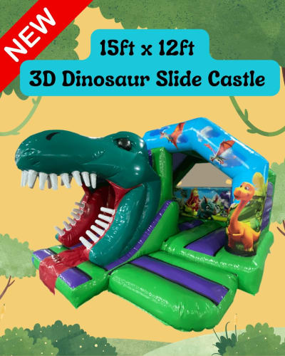 Dinosaur 15ft x 12ft 3D Slide Castle, a bounce and slide combo for hire from Bouncy Castle Boys