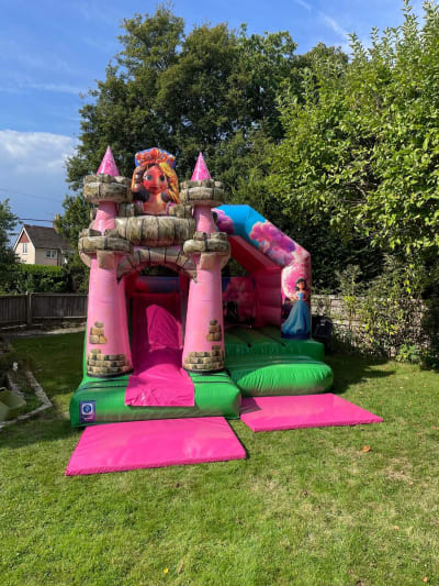15x12ft 3d Princess Castle Front Slide Combi, a bounce and slide combo for hire from Bouncing Happy