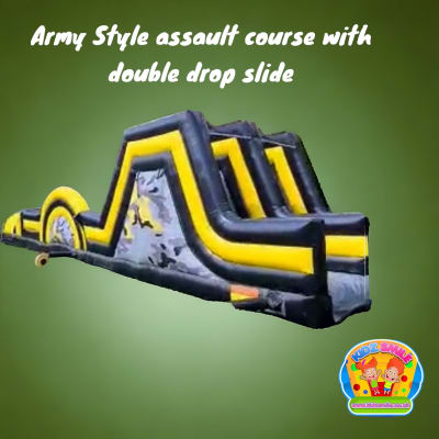 15 meter Army print Obstacle Course with double drop slide, a assault course for hire from Kidz Smile