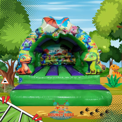 Dinosaur Curved Castle, a bouncy castle for hire from Bouncy Boss