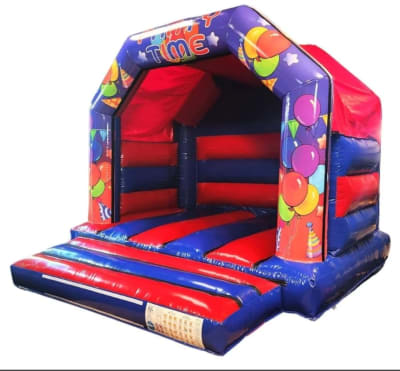 12ft x 15ft Blue/Red 'Party Time' castle, a bouncy castle for hire from Bouncy Castle Boys