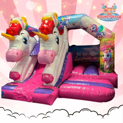 Unicorn Slide Castle, a bounce and slide combo for hire from Bouncy Boss