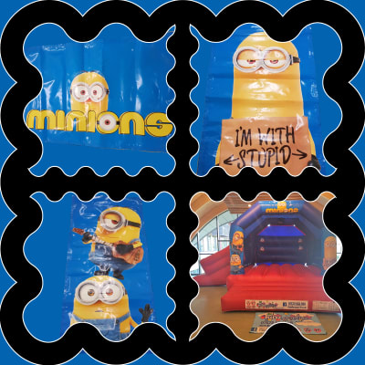 (BC-5) "Minions" Red & Blue Themed Bouncy Castle (Slide), a bounce and slide combo for hire from KiDz Parties LLP