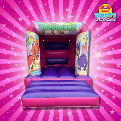 Dinosaur Bouncy Castle (Pink & Purple Slim), a bouncy castle for hire from Tilley's Bouncy Castles and Soft Play Hire