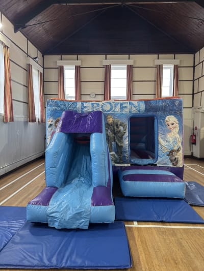 Frozen theme (Low height Combi slide Castle ), a bounce and slide combo for hire from Bounce N Fun