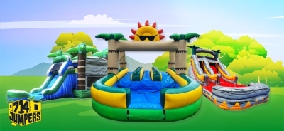 4 in 1 Tropical blue palms combo bounce house. #012 - 714 Jumpers