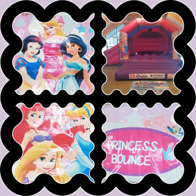 (BC-2) "Disney Princess" Pink & Purple Themed Bouncy Castle (Slide), a bounce and slide combo for hire from KiDz Parties LLP