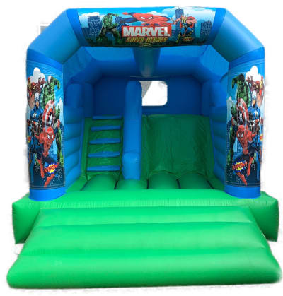 Superheroes Bounce And Slide Castle, a bounce and slide combo for hire from Epic Inflatables & Soft Play Hire