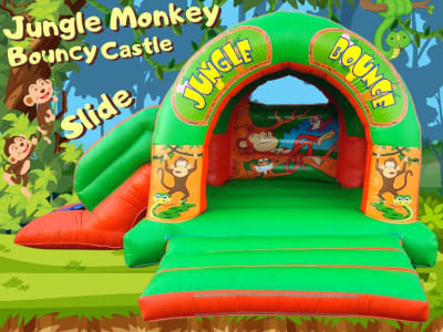 Jungle Monkey Bouncy Castle Slide Combo 15x18ft, a bounce and slide combo for hire from Have A Bounce
