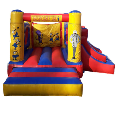 Minions Painted Bouncer Single Slide, a bounce and slide combo for hire from Jumping Jacks
