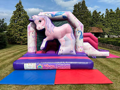3D Unicorn Bouncy Castle with Slide, a bounce and slide combo for hire from Every Bounce Counts