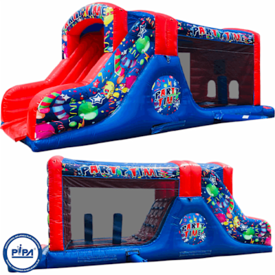 27ft Adult Blue & Red Party Time Fun Run, a assault course for hire from Every Bounce Counts