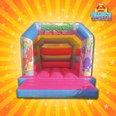 Dinosaur Pink & Blue Castle, a bouncy castle for hire from Tilley's Bouncy Castles and Soft Play Hire