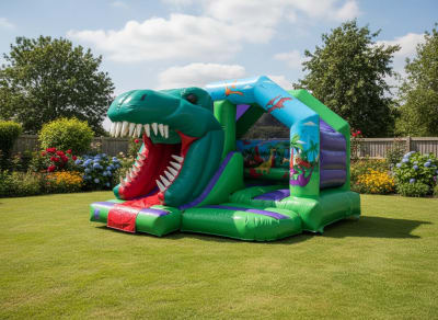 3D Dinosaur Bouncy castle Slide Combi 15x12ft, a bounce and slide combo for hire from The Bounce Boutique