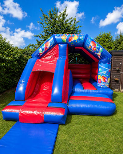 12ft x 15ft Blue Party Bounce & Slide, a bounce and slide combo for hire from Wizard Bouncy Castles