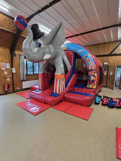 3D Elephant Bouncy Castle With Slide, a bounce and slide combo for hire from Kendall's Castles