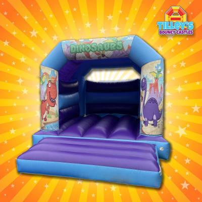 Dinosaur Purple & Blue Castle, a bouncy castle for hire from Tilley's Bouncy Castles and Soft Play Hire