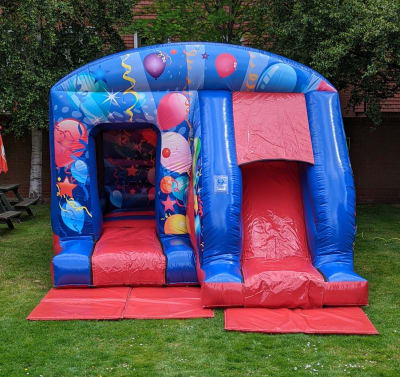 Red & Blue Party Bounce 'n' Slide (12ft x 18ft), a bounce and slide combo for hire from Elmbridge Inflatables