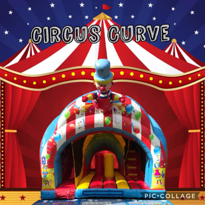 8ft Platform Curved Bounce 'n' Slide, a bounce and slide combo for hire from Wizard Bouncy Castles