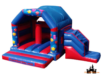Party Balloons Red and Blue Bounce and Slide 15ft x 21ft, a bounce and slide combo for hire from Ace Inflatables